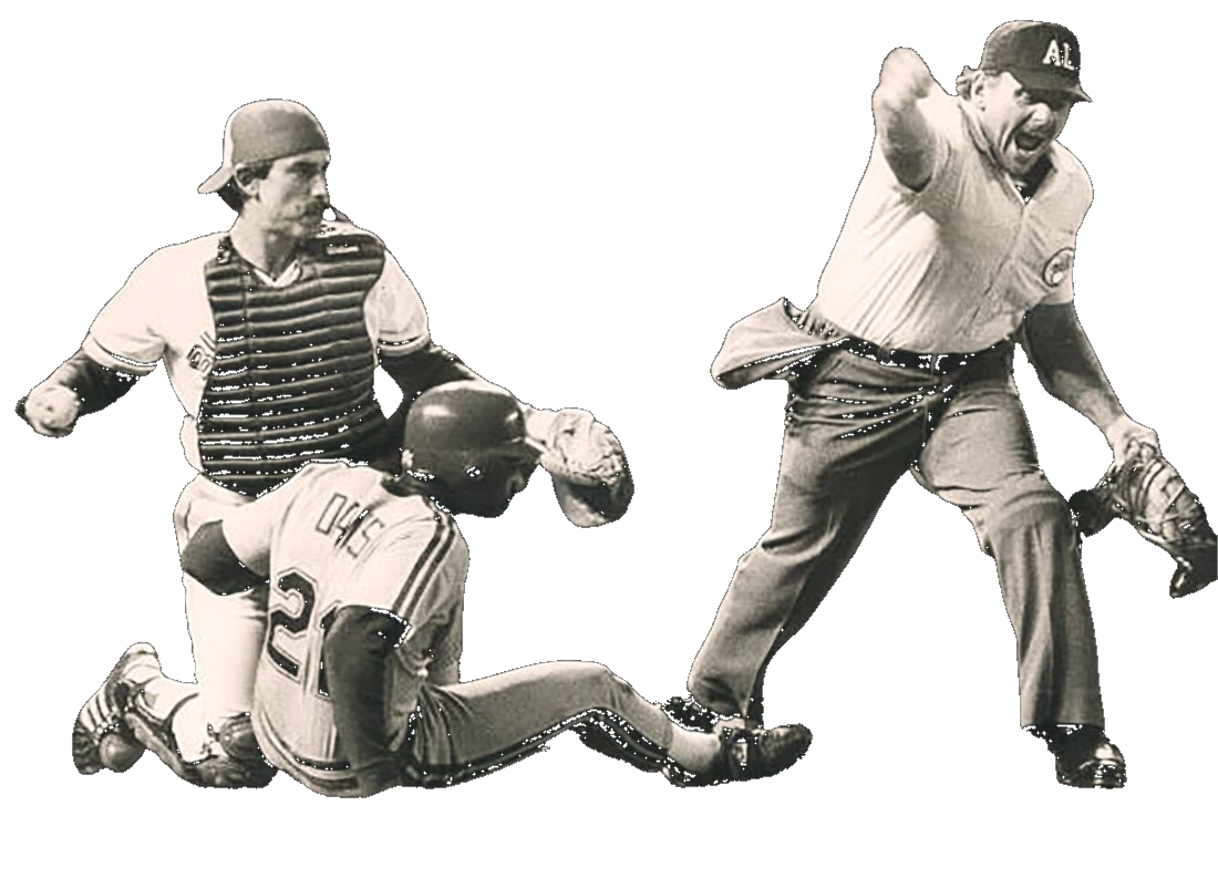 Buck Martinez completing the legendary broken-leg double play at home plate, 1985